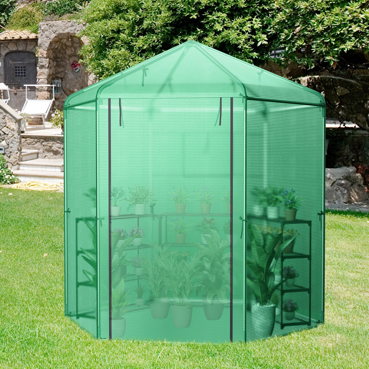Walk-In Hexagonal Greenhouse with PE Cover and Metal Frame-Greenhouses-DECOROLALA
