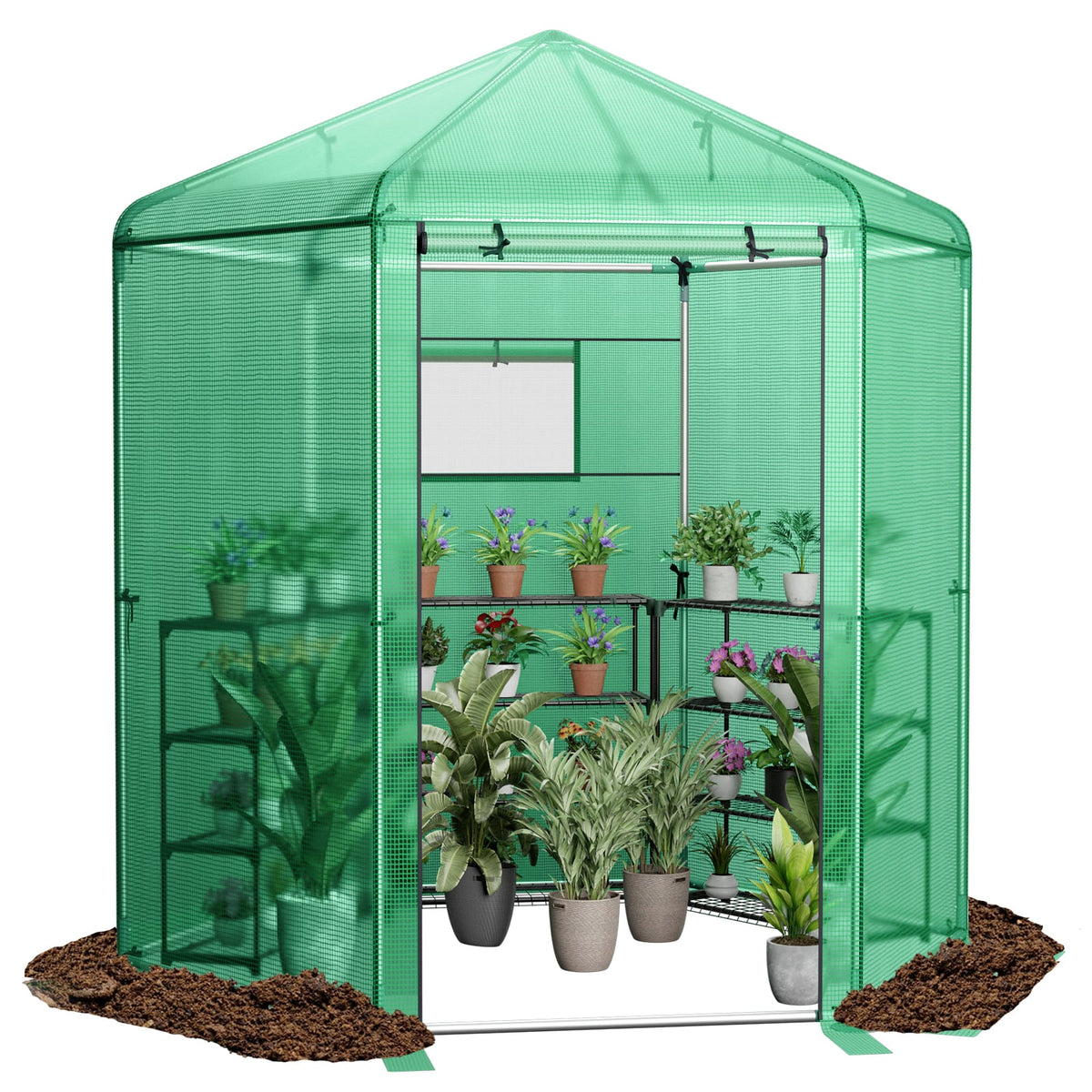 Walk-In Hexagonal Greenhouse with PE Cover and Metal Frame-Greenhouses-DECOROLALA