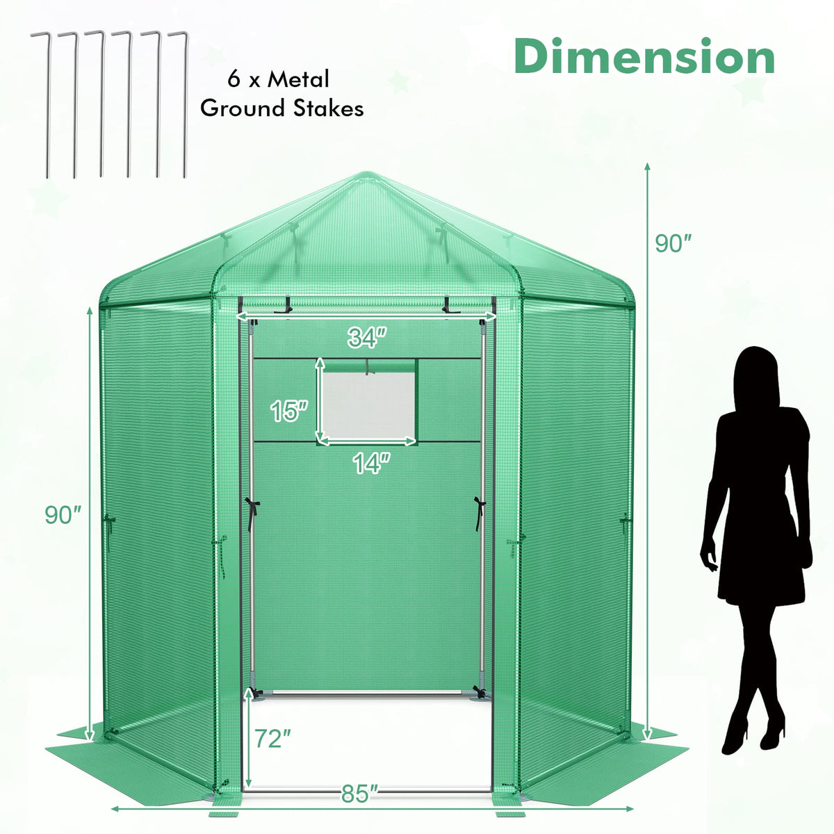 Walk-In Hexagonal Greenhouse with PE Cover and Metal Frame-Greenhouses-DECOROLALA
