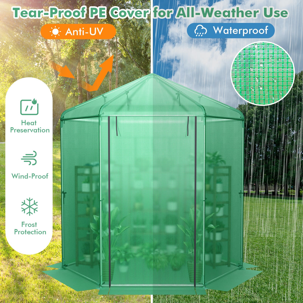 Walk-In Hexagonal Greenhouse with PE Cover and Metal Frame-Greenhouses-DECOROLALA