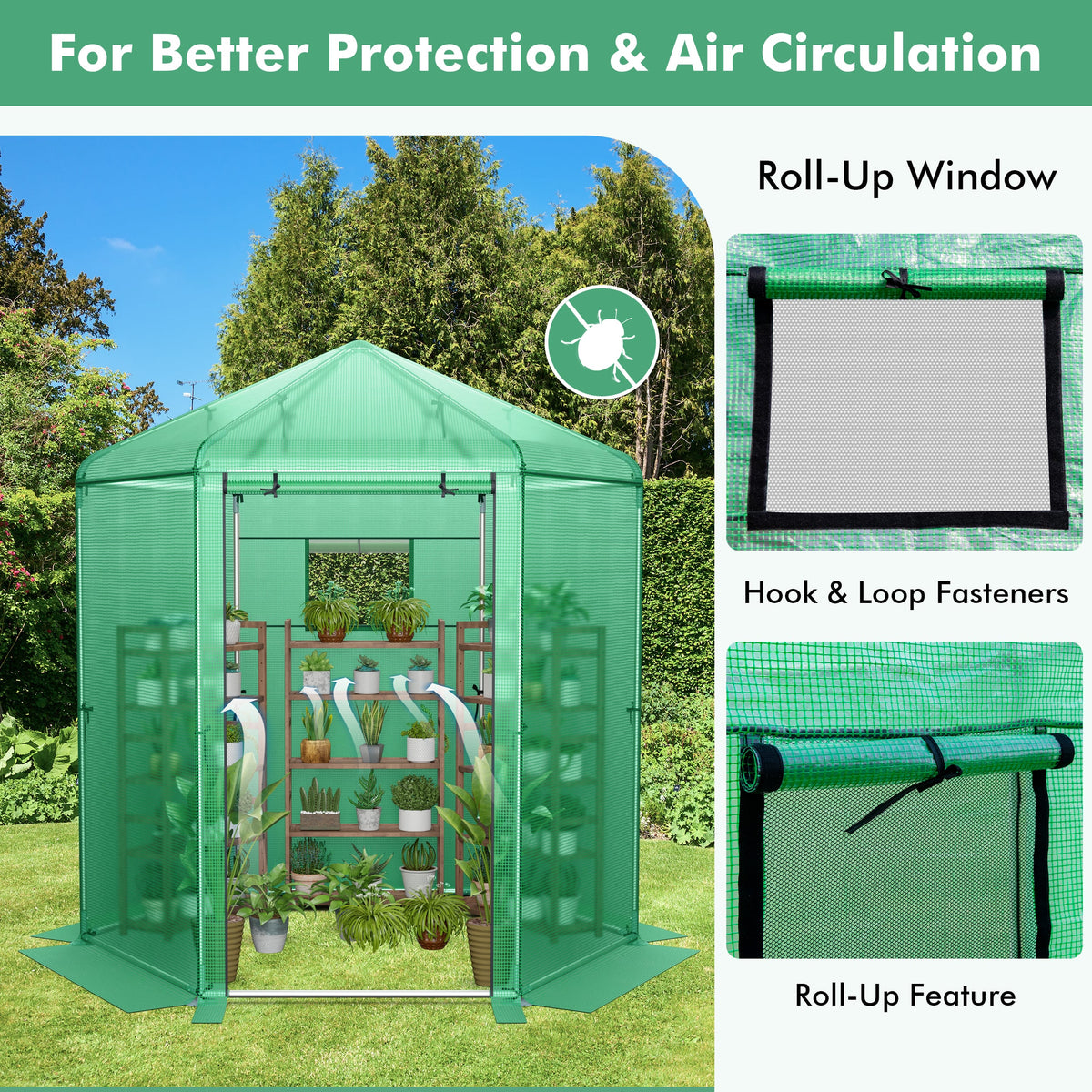 Walk-In Hexagonal Greenhouse with PE Cover and Metal Frame-Greenhouses-DECOROLALA
