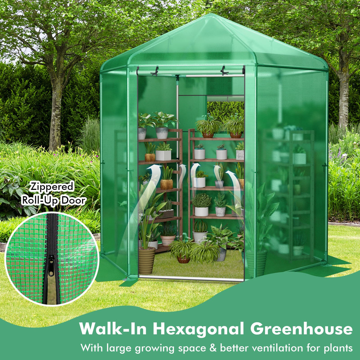 Walk-In Hexagonal Greenhouse with PE Cover and Metal Frame-Greenhouses-DECOROLALA