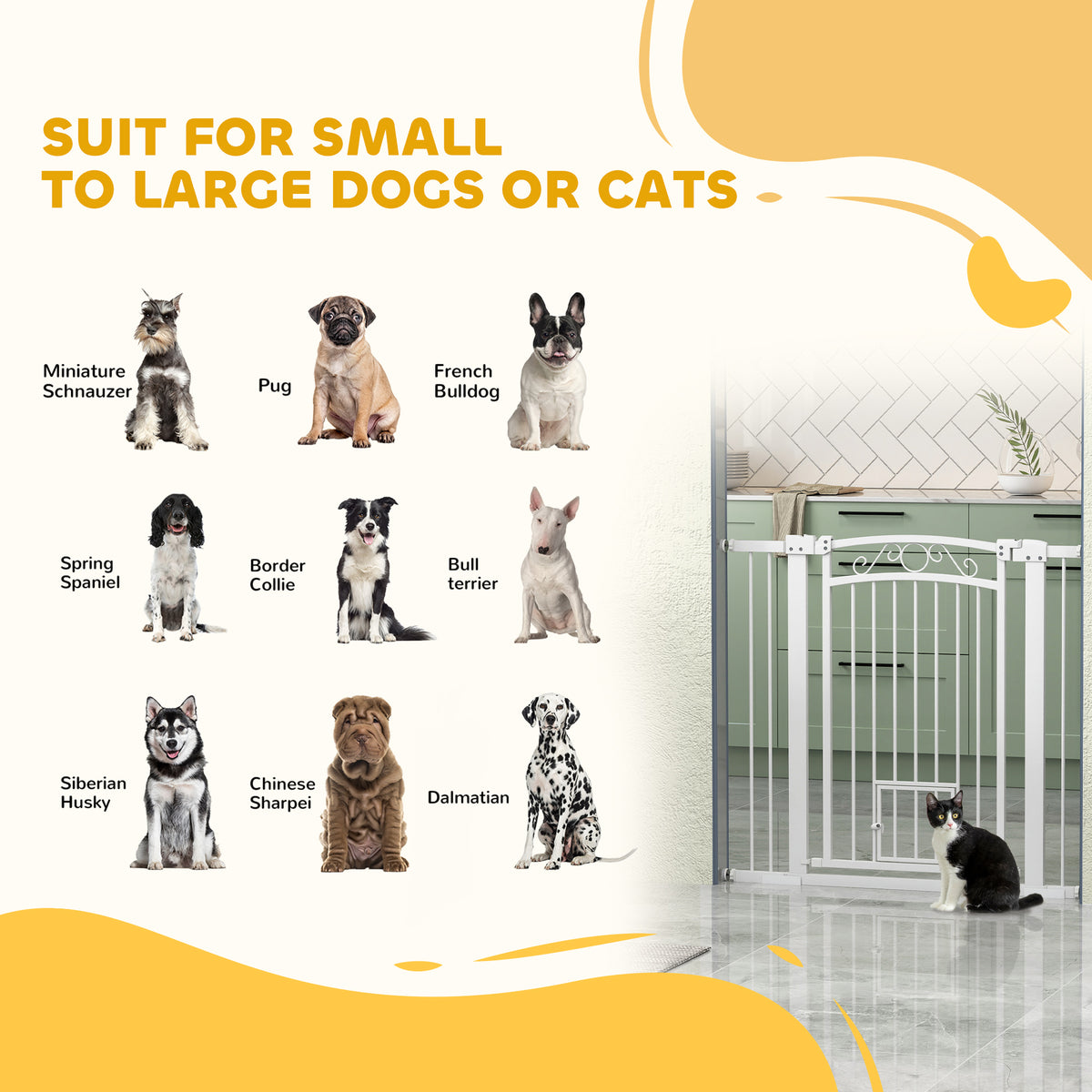 Walk Through Dog Gate with Cat Door - White 30"-41" W x 38" H-Dogs-DECOROLALA