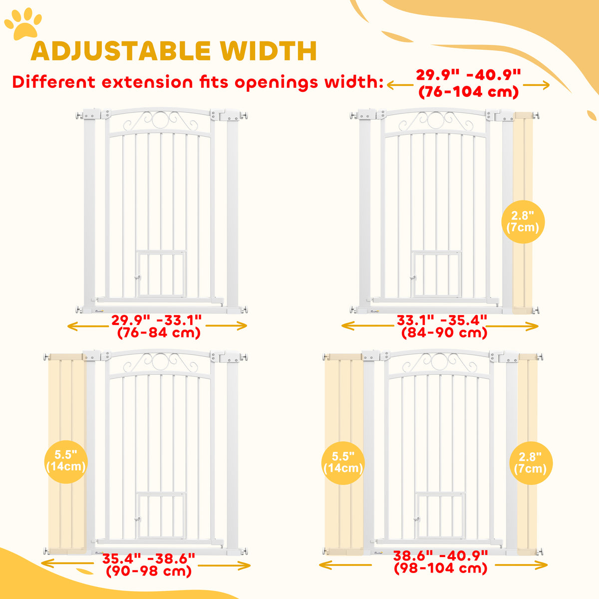 Walk Through Dog Gate with Cat Door - White 30"-41" W x 38" H-Dogs-DECOROLALA
