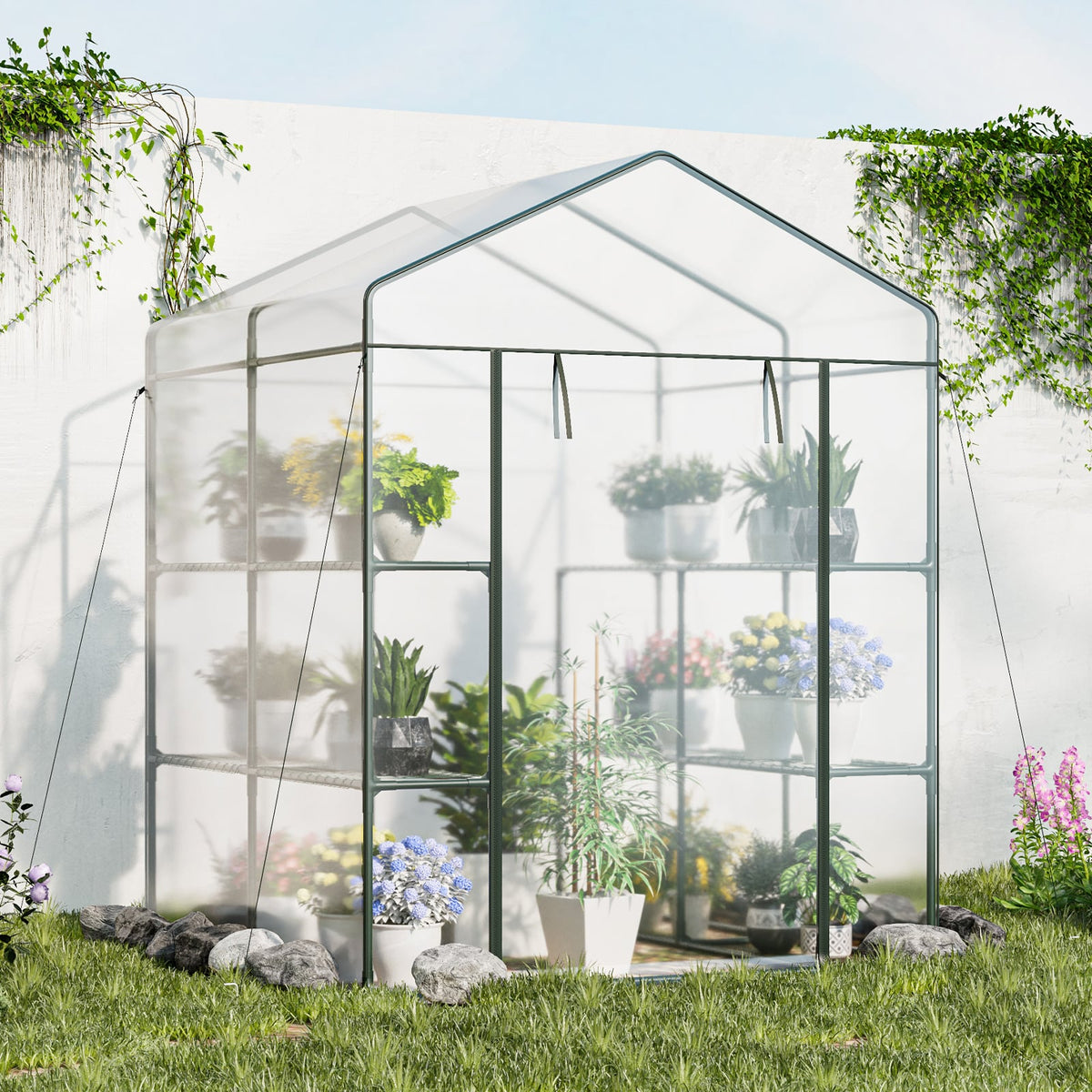 Walk-in Greenhouse with 3 Tiers 8 Shelves PVC Cover Roll-up Zippered Door-Greenhouses-DECOROLALA