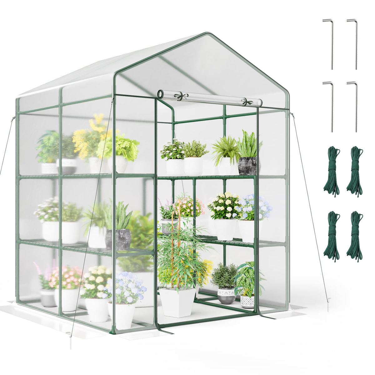 Walk-in Greenhouse with 3 Tiers 8 Shelves PVC Cover Roll-up Zippered Door-Greenhouses-DECOROLALA