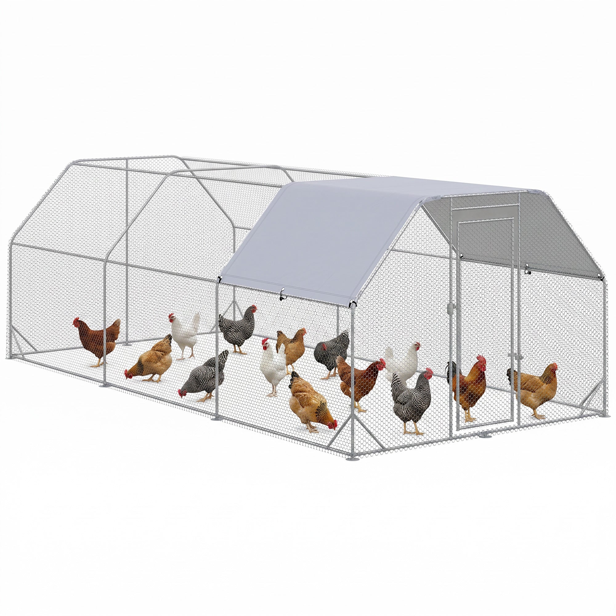 Walk-in Metal Chicken Coop - 9.2' x 18.7' x 6.5' Silver-Small Animals-DECOROLALA