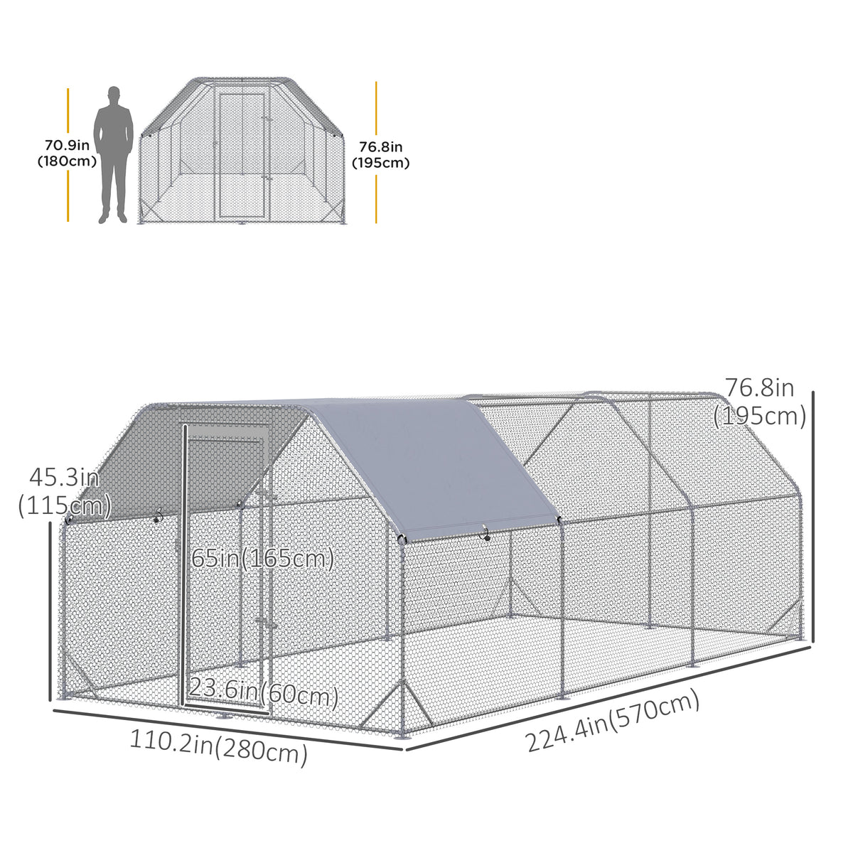 Walk-in Metal Chicken Coop - 9.2' x 18.7' x 6.5' Silver-Small Animals-DECOROLALA