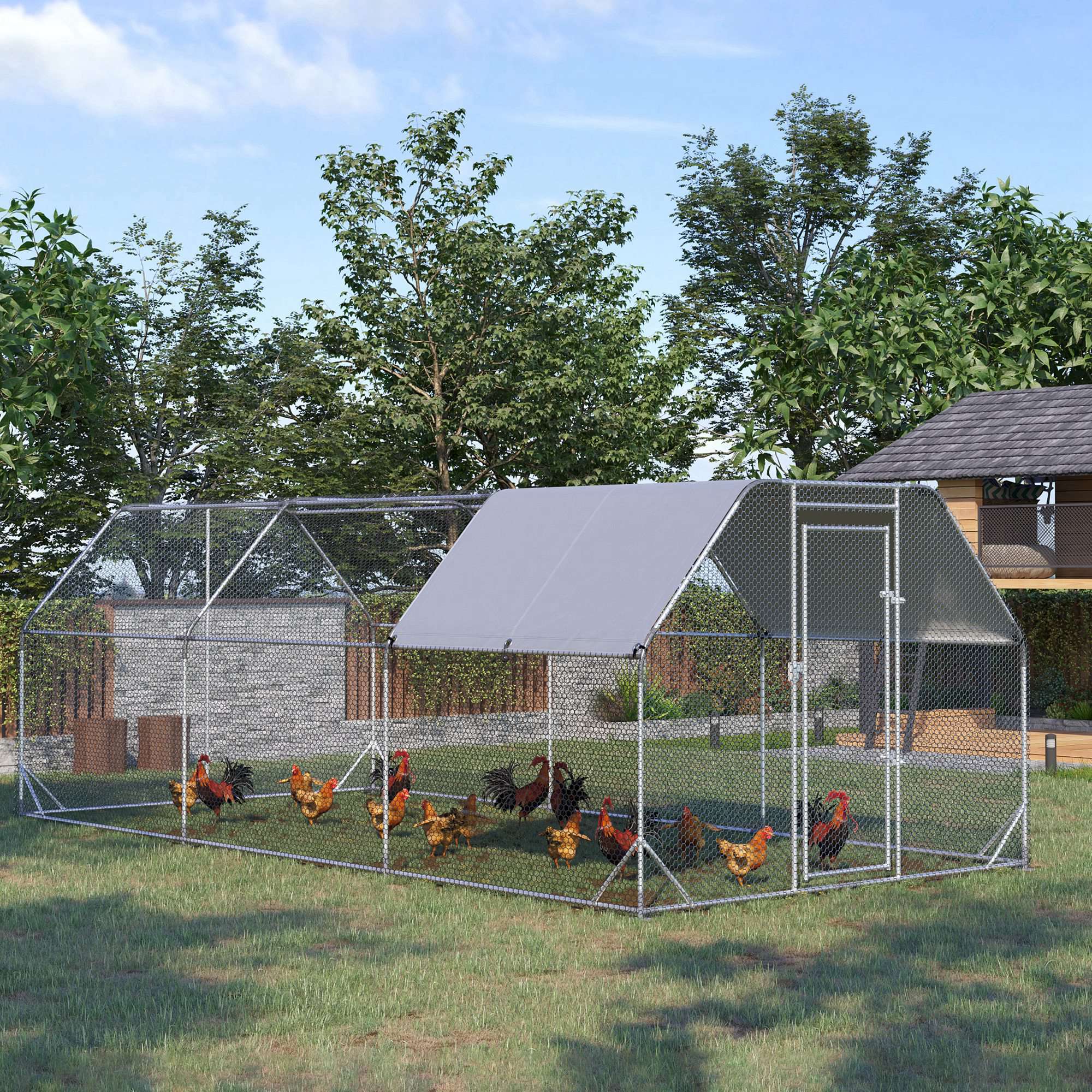 Walk-in Metal Chicken Coop - 9.2' x 18.7' x 6.5' Silver-Small Animals-DECOROLALA