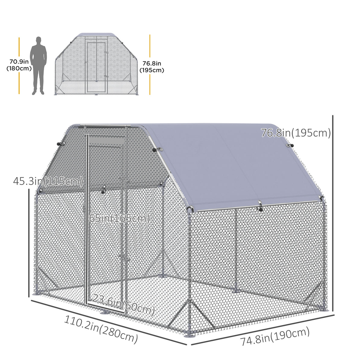 Walk-in Metal Chicken Coop - 9.2' x 6.2' x 6.5' Galvanized Silver-Small Animals-DECOROLALA