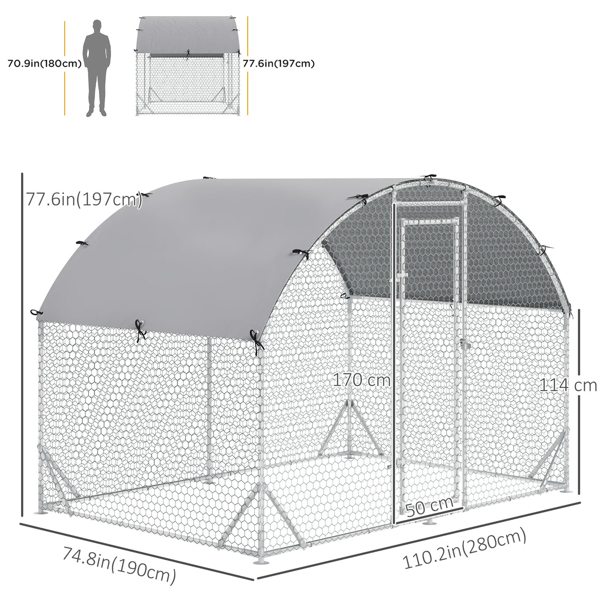 Walk-in Metal Chicken Coop - 9.2' x 6.2' x 6.5' Silver-Small Animals-DECOROLALA
