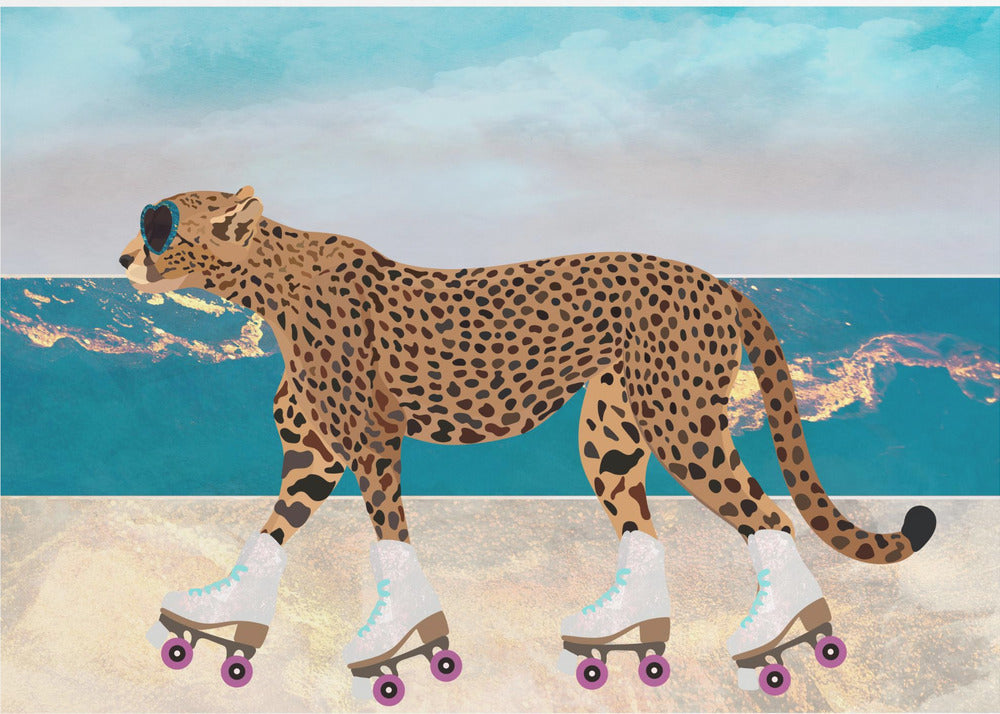 Wall Art Cheetah Rollerskating Landscape Beach Canvas-Canvas Print-DECOROLALA