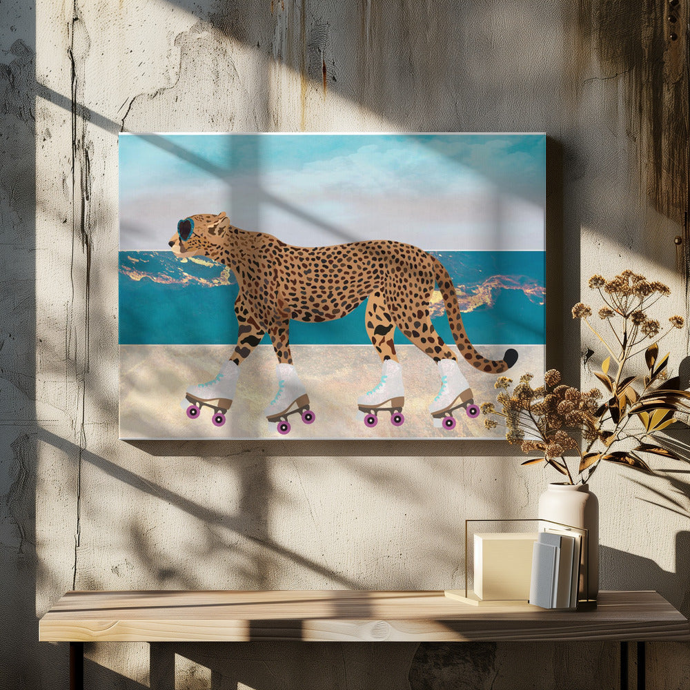 Wall Art Cheetah Rollerskating Landscape Beach Canvas-Canvas Print-DECOROLALA