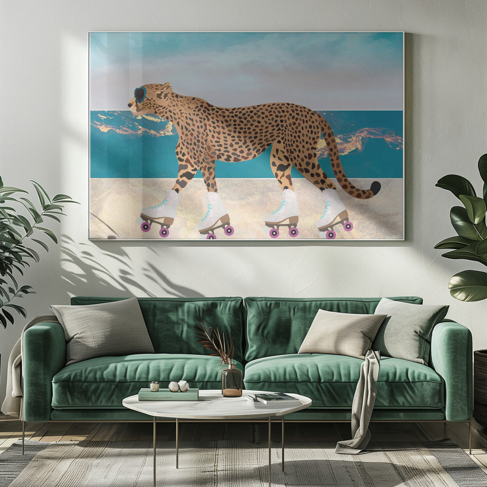Wall Art Cheetah Rollerskating Landscape Beach Canvas-Canvas Print-DECOROLALA