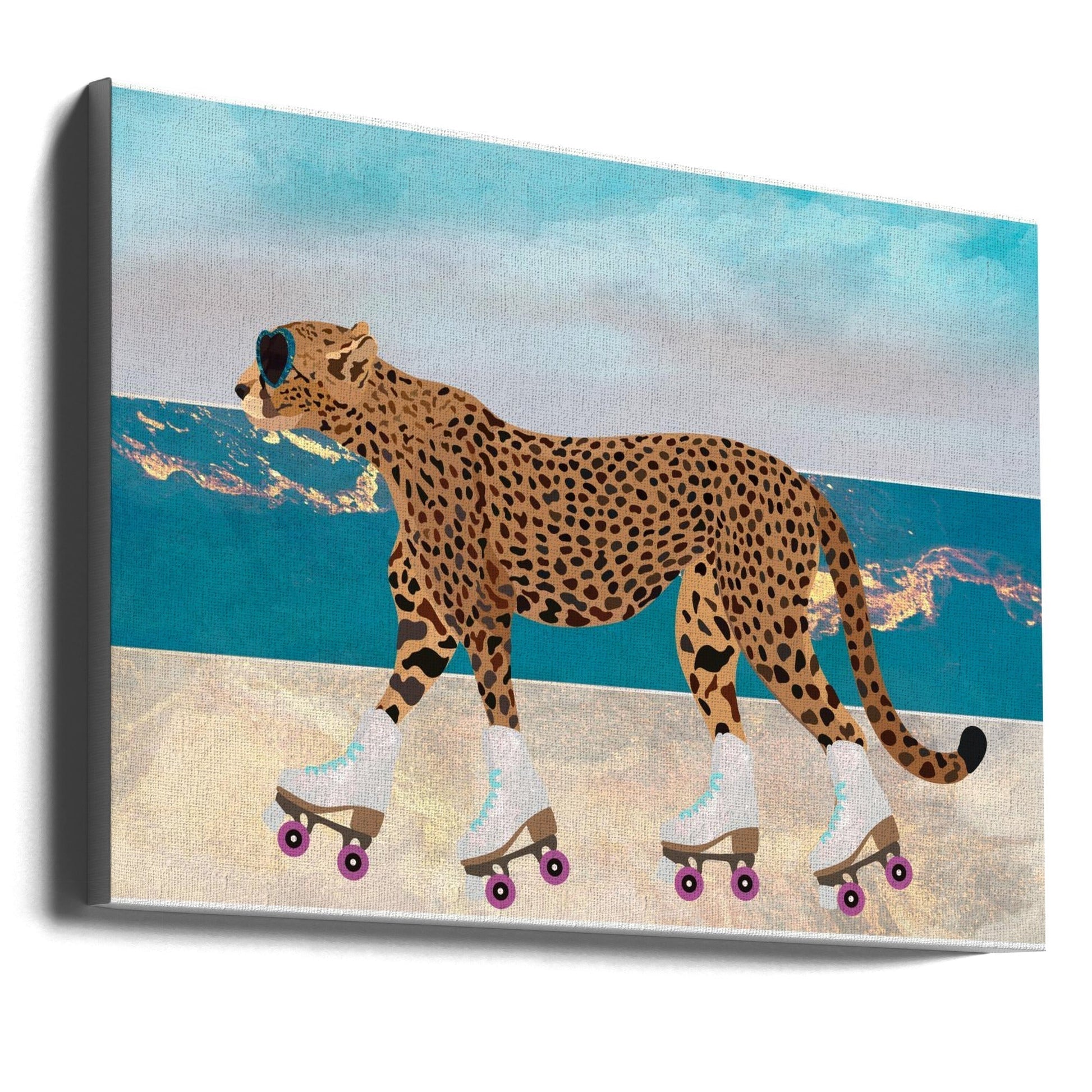 Wall Art Cheetah Rollerskating Landscape Beach Canvas-Canvas Print-DECOROLALA