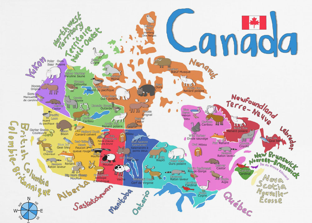 Wall Art Illustrated Map of Canada with Animals-Canvas Print-DECOROLALA