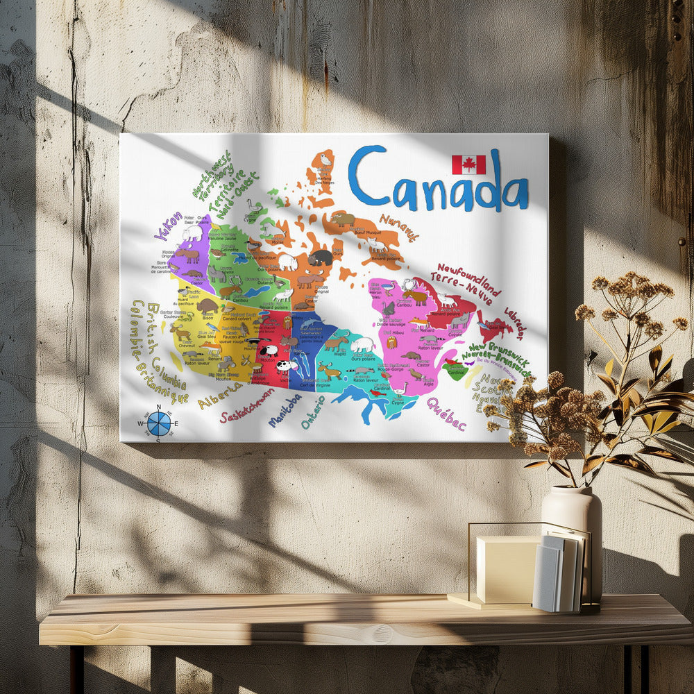 Wall Art Illustrated Map of Canada with Animals-Canvas Print-DECOROLALA