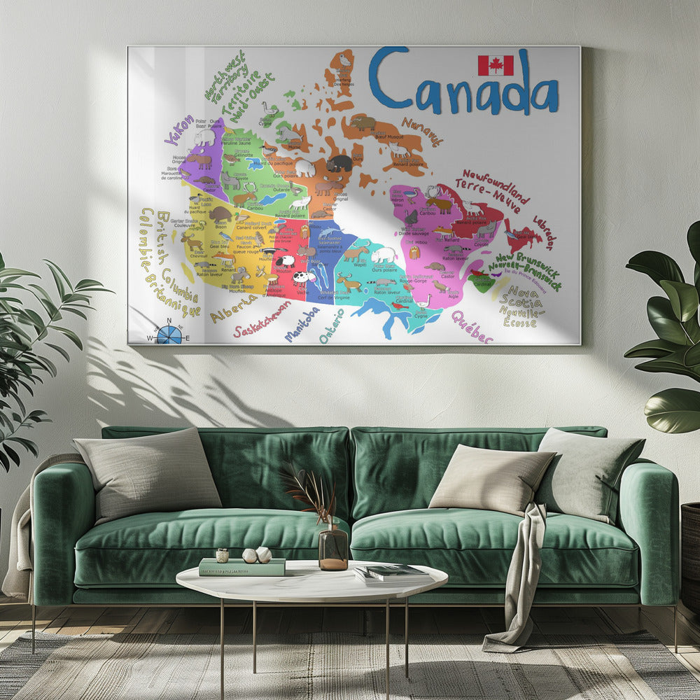 Wall Art Illustrated Map of Canada with Animals-Canvas Print-DECOROLALA