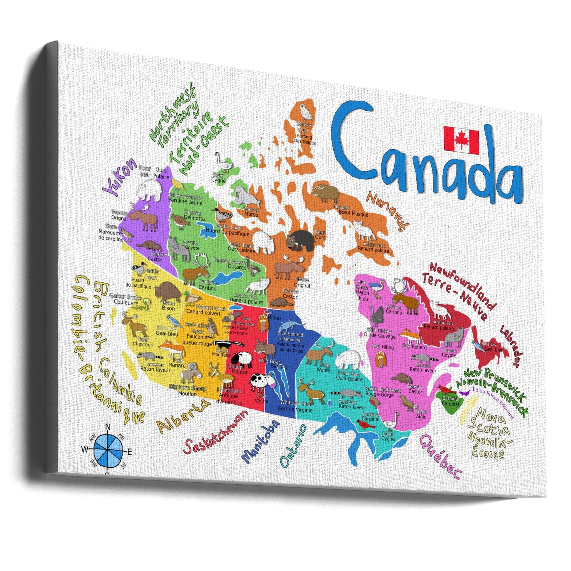 Wall Art Illustrated Map of Canada with Animals-Canvas Print-DECOROLALA