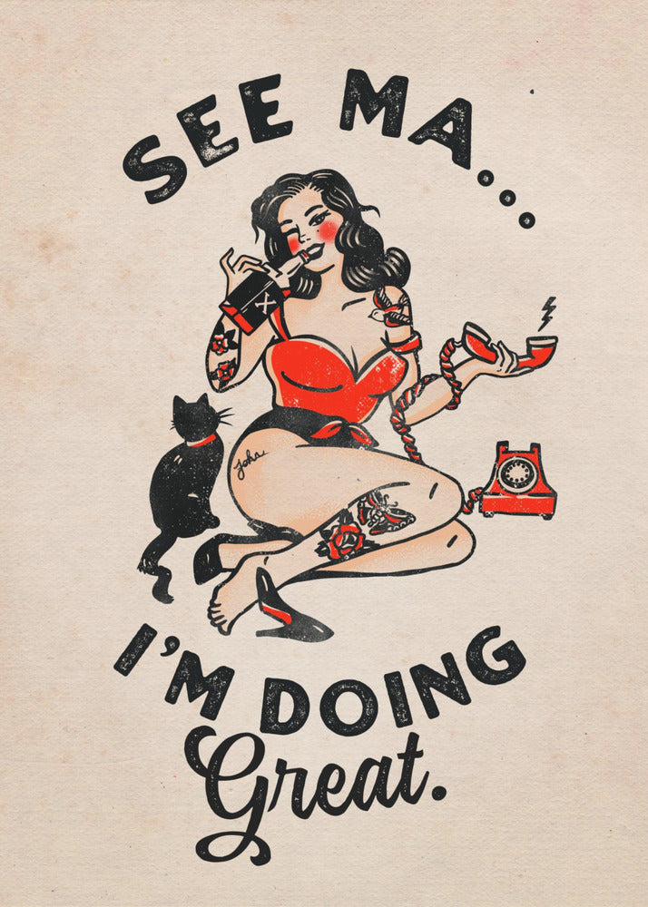Wall Art See Ma Poster Funny Vintage Pinup Girl & Cat-canvas-DECOROLALA
