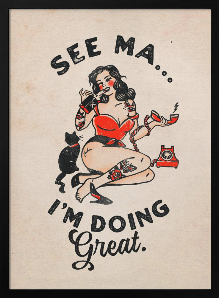 Wall Art See Ma Poster Funny Vintage Pinup Girl & Cat-canvas-DECOROLALA