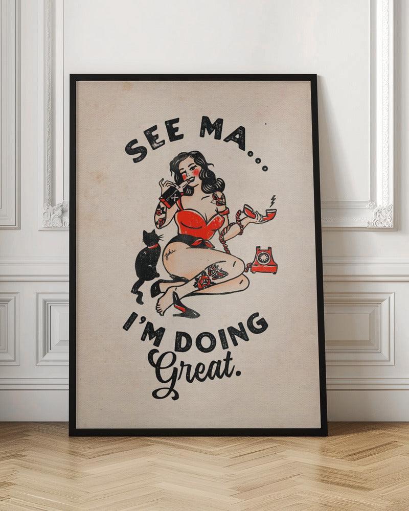 Wall Art See Ma Poster Funny Vintage Pinup Girl & Cat-canvas-DECOROLALA