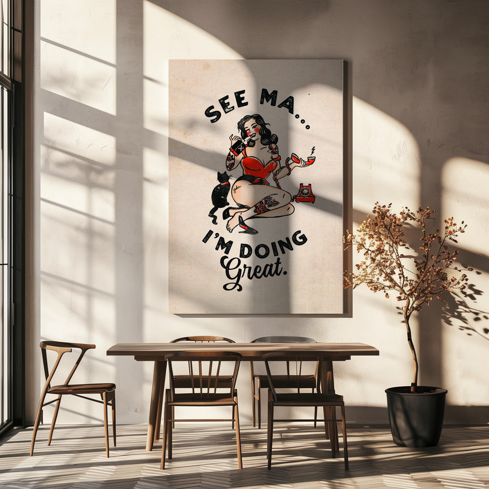Wall Art See Ma Poster Funny Vintage Pinup Girl & Cat-canvas-DECOROLALA