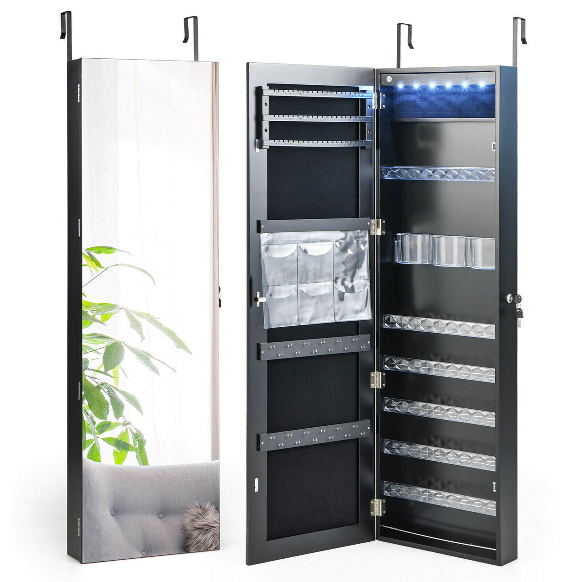 Wall Door Mounted Jewelry Armoire with Frameless LED Mirror-Black-Jewelry Armoires-DECOROLALA