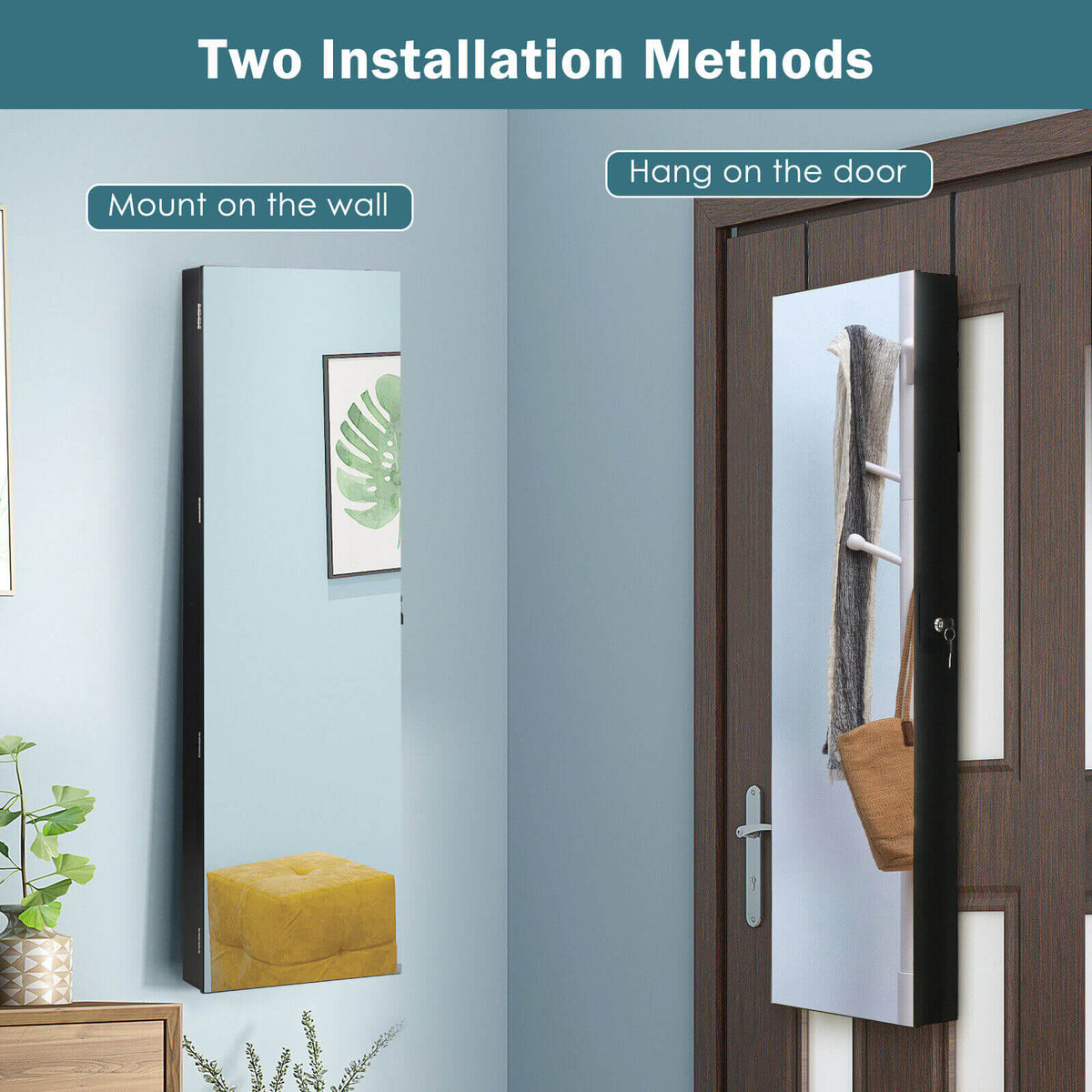 Wall Door Mounted Jewelry Armoire with Frameless LED Mirror-Black-Jewelry Armoires-DECOROLALA