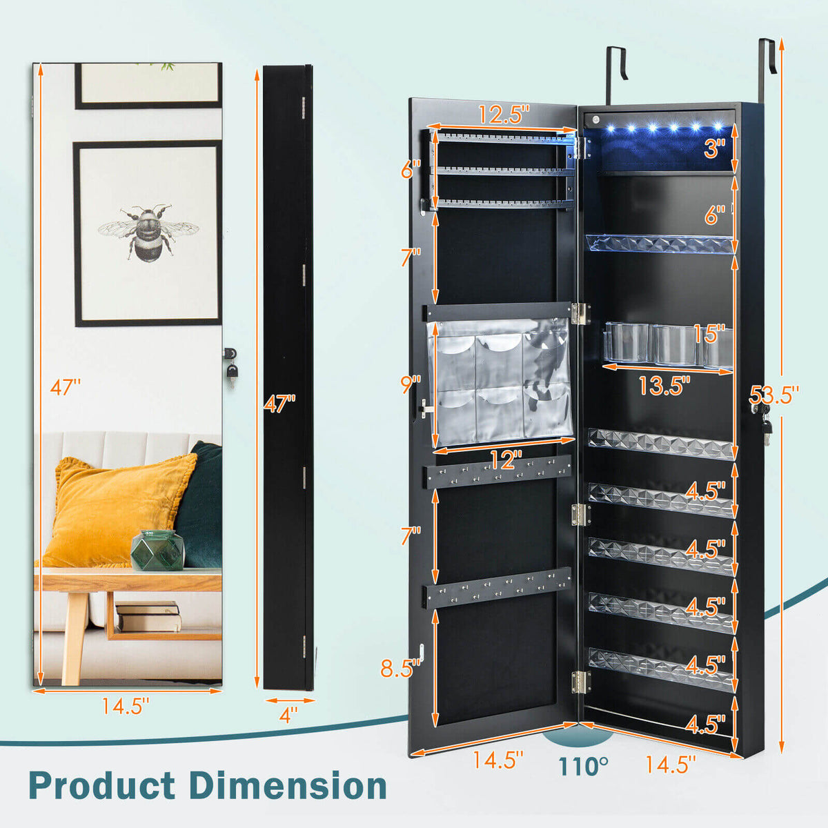 Wall Door Mounted Jewelry Armoire with Frameless LED Mirror-Black-Jewelry Armoires-DECOROLALA