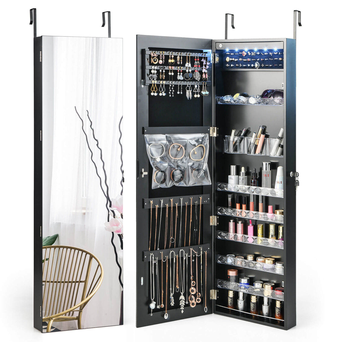 Wall Door Mounted Jewelry Armoire with Frameless LED Mirror-Black-Jewelry Armoires-DECOROLALA