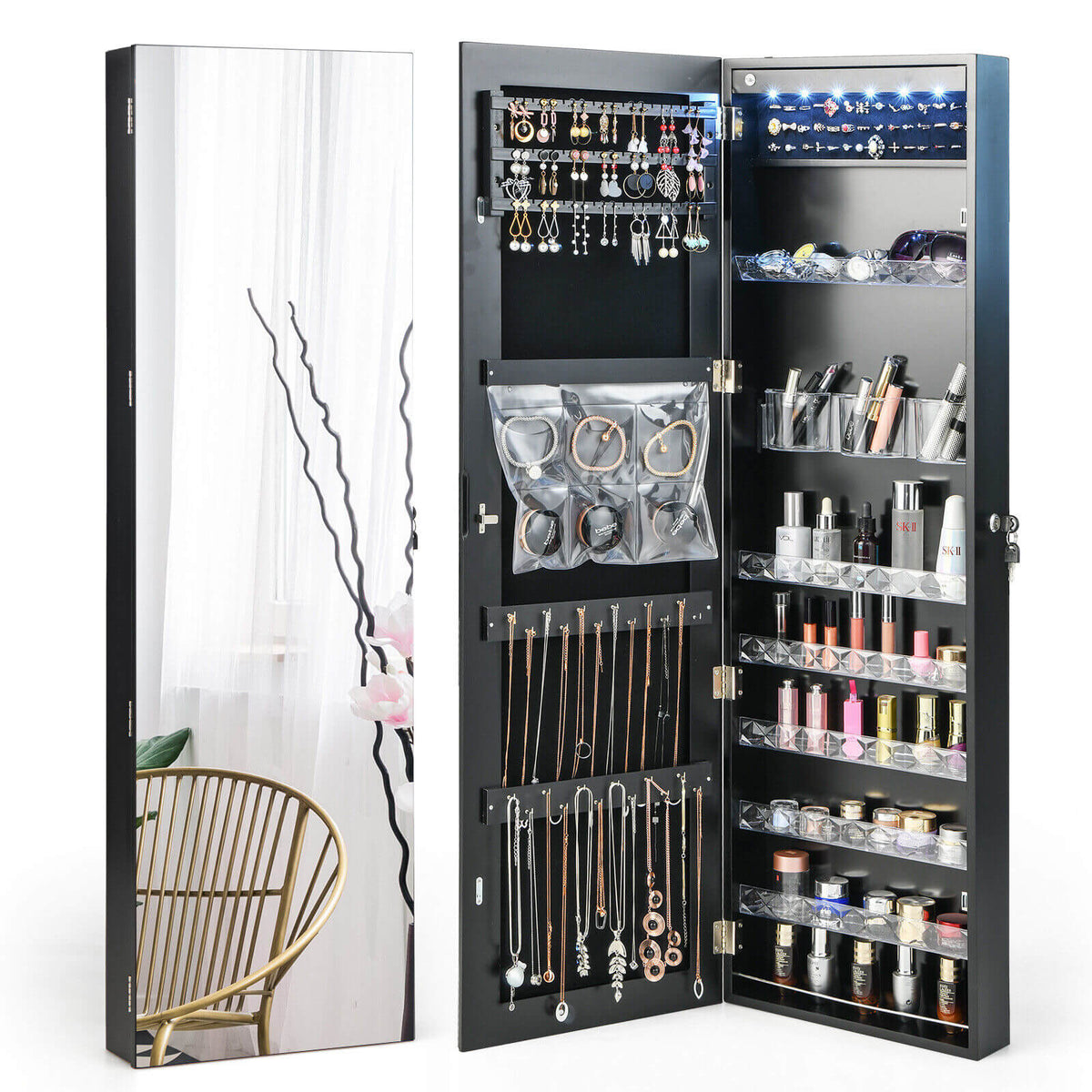 Wall Door Mounted Jewelry Armoire with Frameless LED Mirror-Black-Jewelry Armoires-DECOROLALA