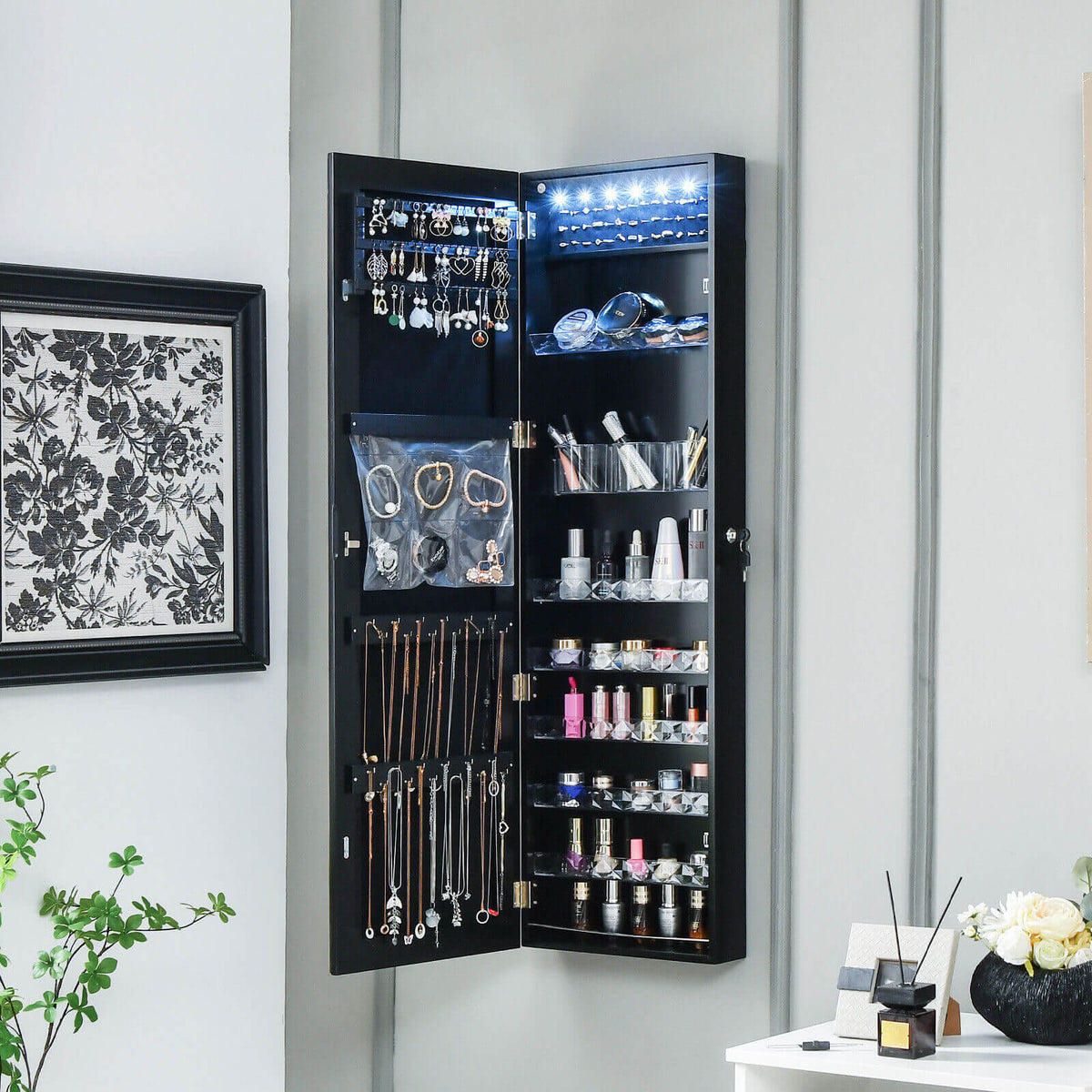 Wall Door Mounted Jewelry Armoire with Frameless LED Mirror-Black-Jewelry Armoires-DECOROLALA