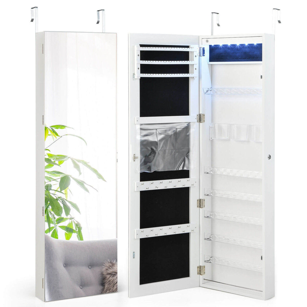 Wall Door Mounted Jewelry Armoire with Frameless LED Mirror-White-Jewelry Armoires-DECOROLALA