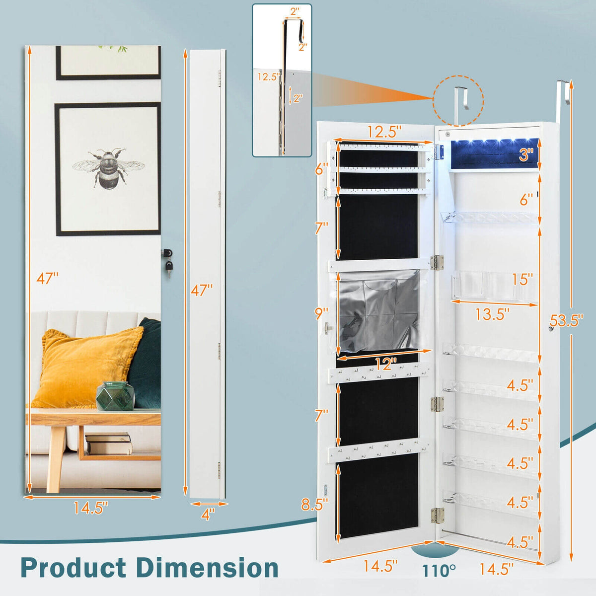 Wall Door Mounted Jewelry Armoire with Frameless LED Mirror-White-Jewelry Armoires-DECOROLALA
