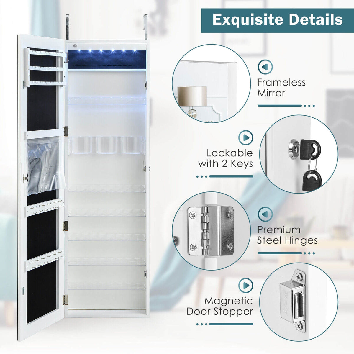 Wall Door Mounted Jewelry Armoire with Frameless LED Mirror-White-Jewelry Armoires-DECOROLALA