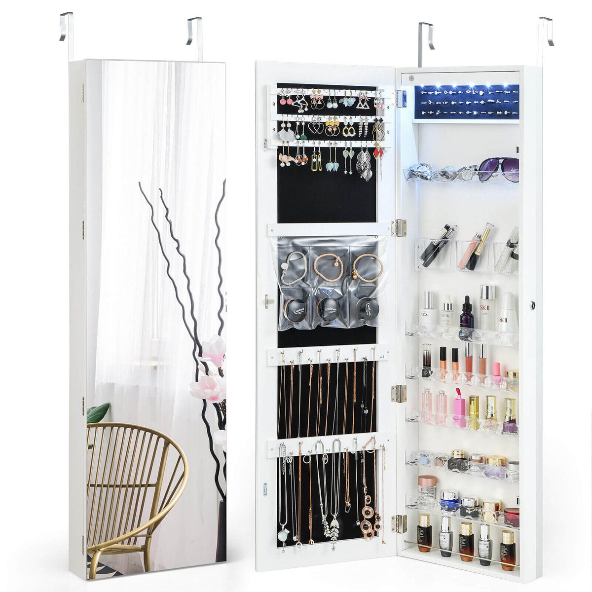 Wall Door Mounted Jewelry Armoire with Frameless LED Mirror-White-Jewelry Armoires-DECOROLALA