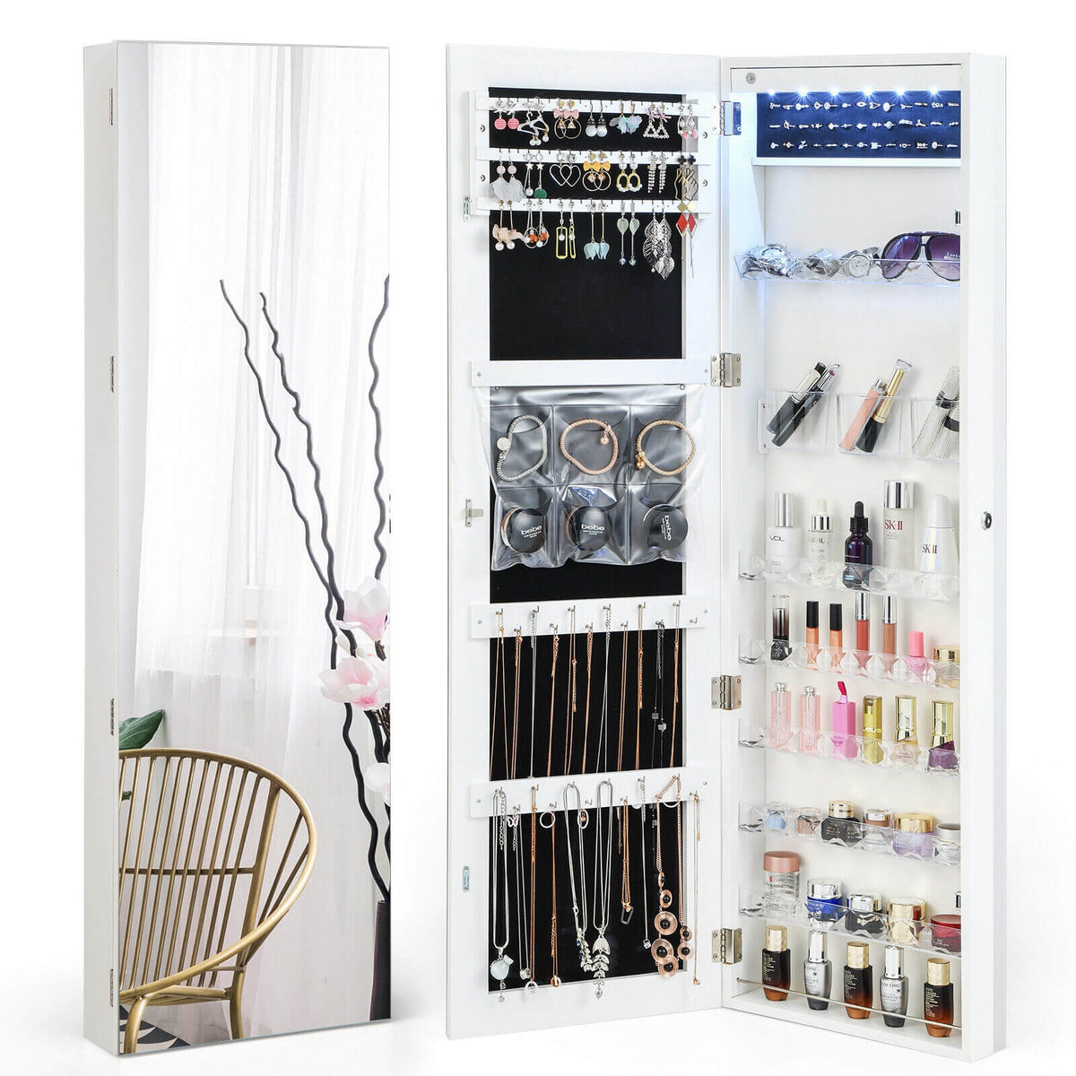 Wall Door Mounted Jewelry Armoire with Frameless LED Mirror-White-Jewelry Armoires-DECOROLALA