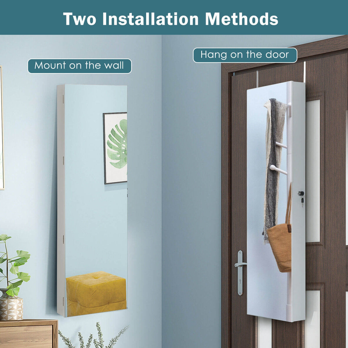 Wall Door Mounted Jewelry Armoire with Frameless LED Mirror-White-Jewelry Armoires-DECOROLALA