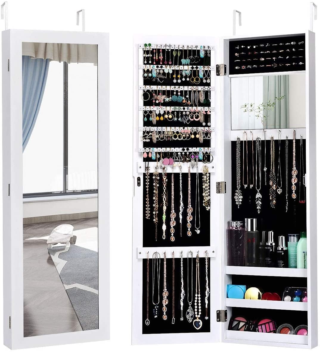 Wall Door Mounted Mirrored Jewelry Cabinet Storage Organizer-White-Jewelry Armoires-DECOROLALA