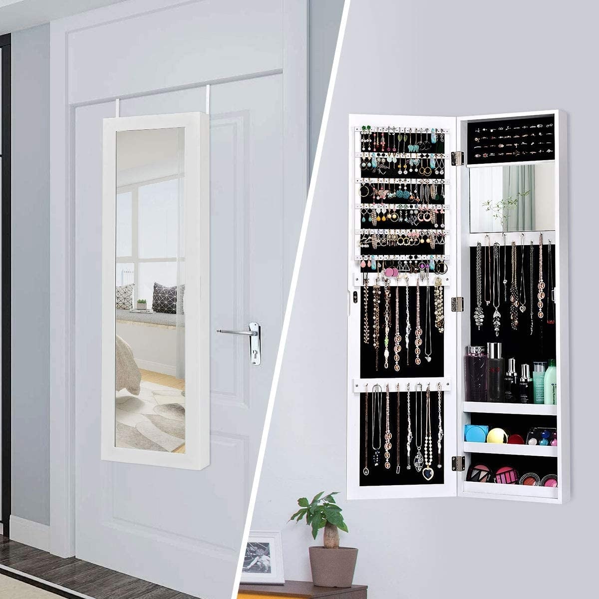 Wall Door Mounted Mirrored Jewelry Cabinet Storage Organizer-White-Jewelry Armoires-DECOROLALA