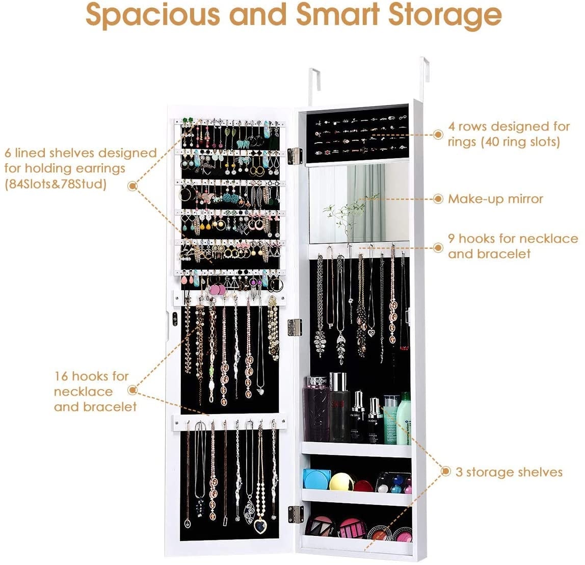 Wall Door Mounted Mirrored Jewelry Cabinet Storage Organizer-White-Jewelry Armoires-DECOROLALA
