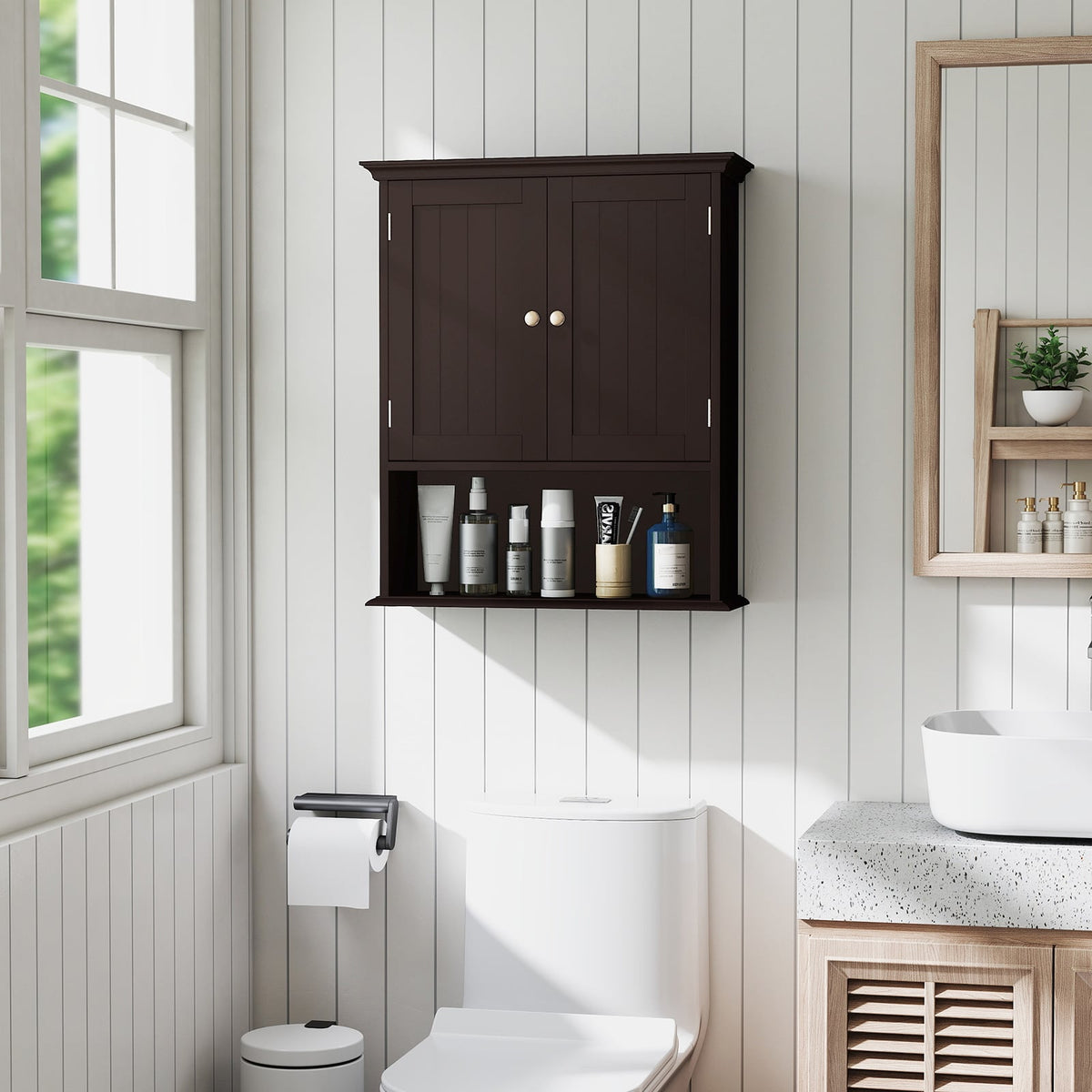 Wall Mount Bathroom Cabinet Organizer - Brown 23.5" MDF-Wall Cabinets-DECOROLALA