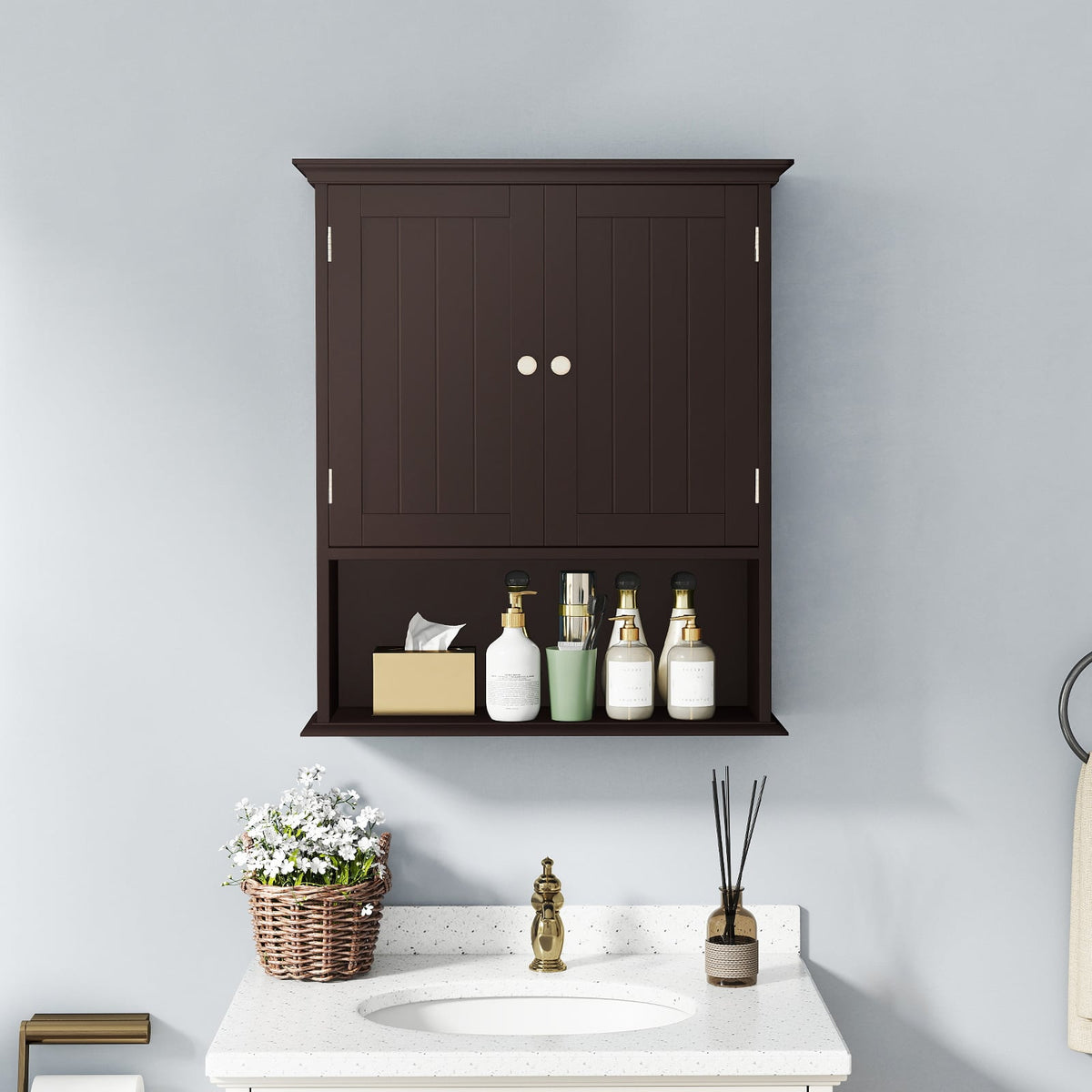 Wall Mount Bathroom Cabinet Organizer - Brown 23.5" MDF-Wall Cabinets-DECOROLALA
