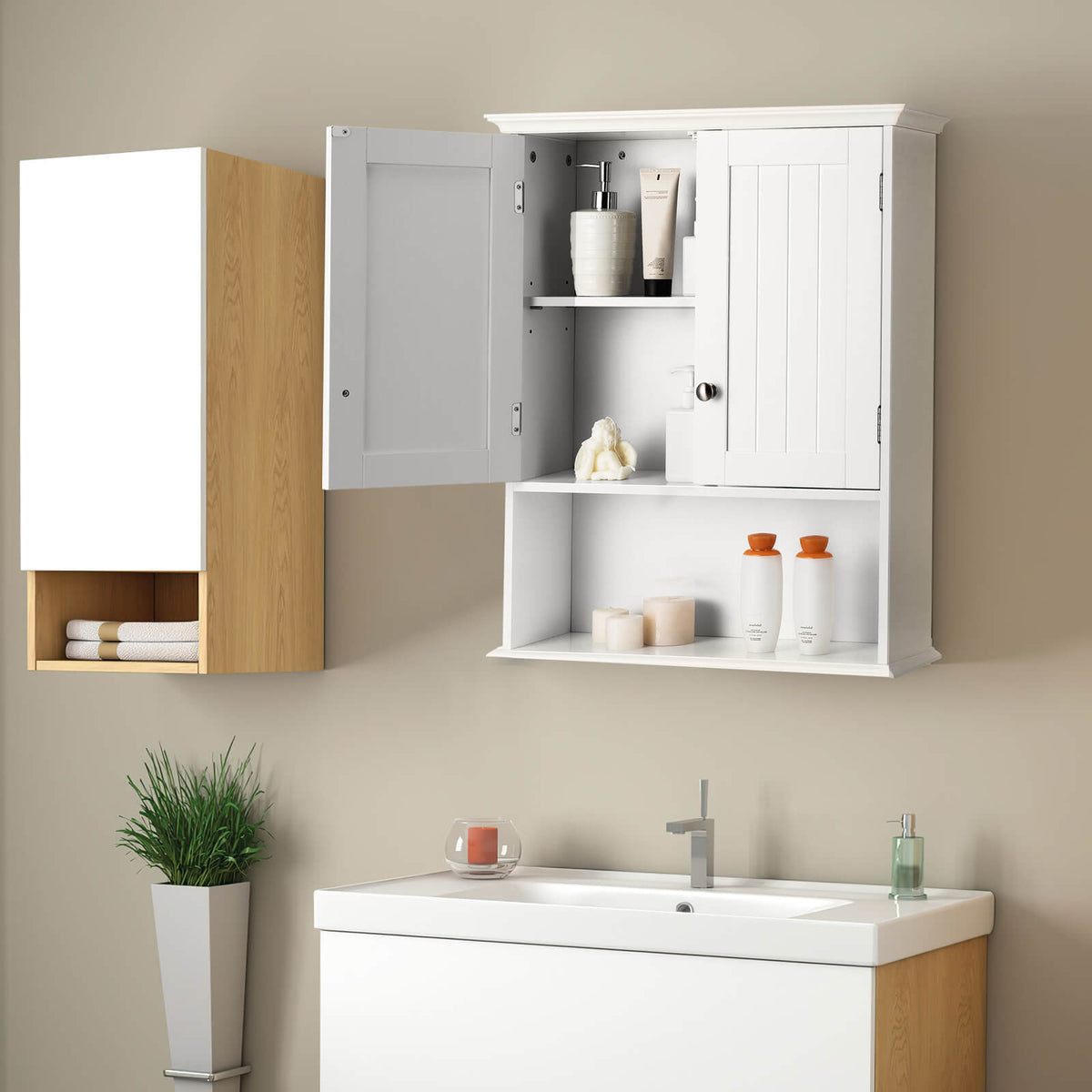 Wall Mount Bathroom Cabinet Organizer - White MDF 24" x 28"-Bathroom Wall Cabinets-DECOROLALA