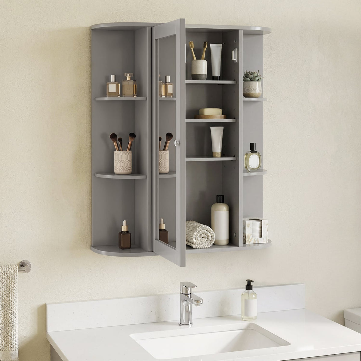 Wall Mount Bathroom Mirror Cabinet - Gray 23.5" MDF 8-Shelf-Bathroom Wall Cabinets-DECOROLALA