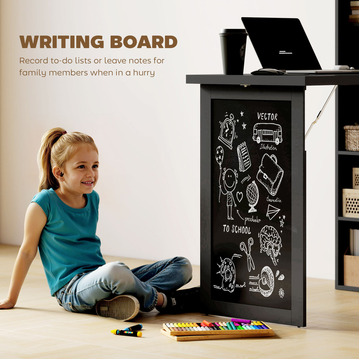 Wall Mount Folding Desk with Blackboard - Black-Office Products > Office Furniture > Office Desks & Work Stations > Computer Desks-DECOROLALA