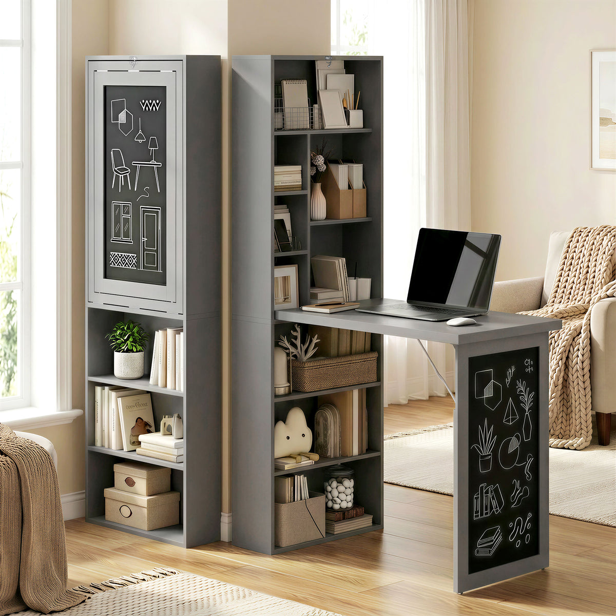 Wall Mount Folding Desk with Blackboard - Charcoal Grey-Office Products > Office Furniture > Office Desks & Work Stations > Computer Desks-DECOROLALA
