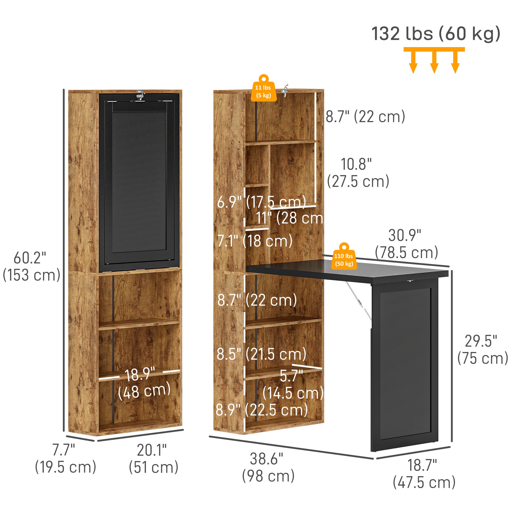 Wall Mount Folding Desk with Blackboard - Rustic Brown-Office Products > Office Furniture > Office Desks & Work Stations > Computer Desks-DECOROLALA