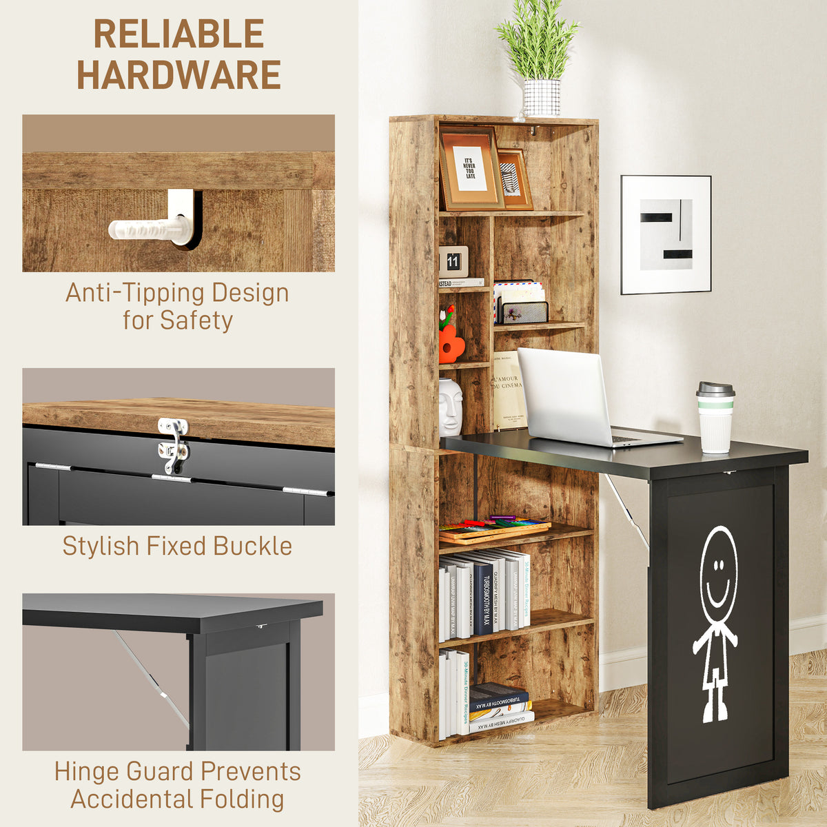 Wall Mount Folding Desk with Blackboard - Rustic Brown-Office Products > Office Furniture > Office Desks & Work Stations > Computer Desks-DECOROLALA